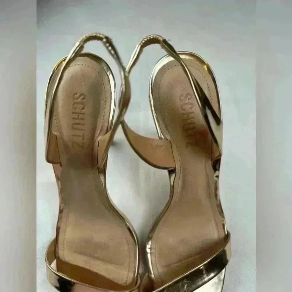 Brazilian Designer Schutz Luriane Metallic 4" High Heels Sandal Size 9.5 Gold - Picture 5 of 9